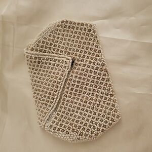 Vintage French Hand-Beaded Evening Clutch – Ivory Seed Bead | Made in France